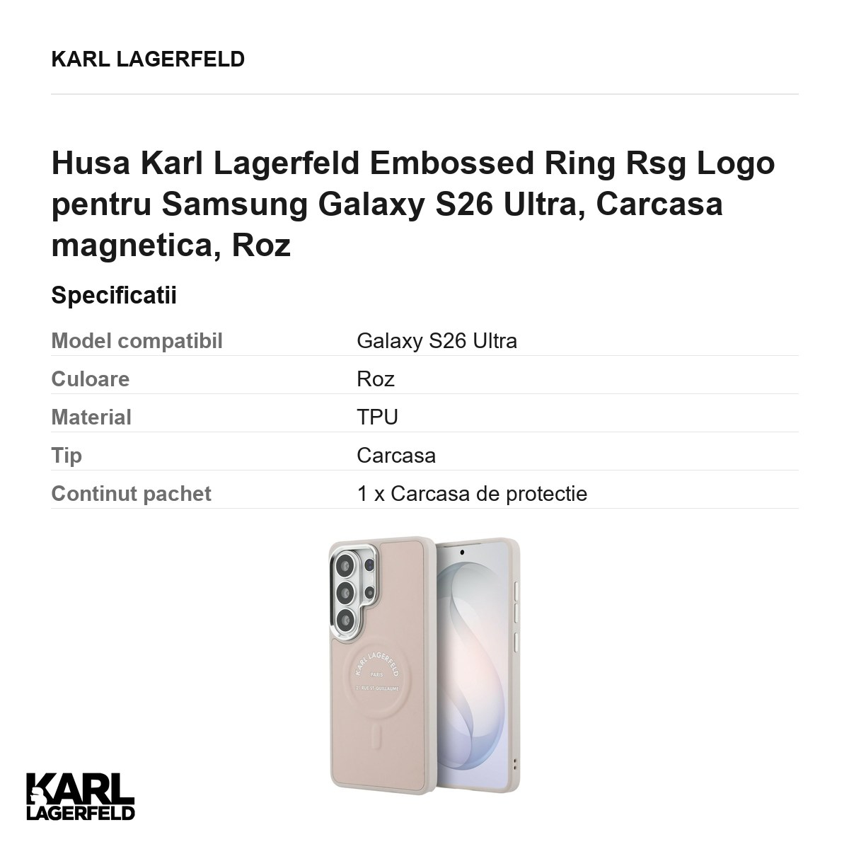 Husa Karl Lagerfeld Embossed Ring Rsg Logo pentru Samsung Galaxy S26 Ultra, Carcasa magnetica, Roz [3]