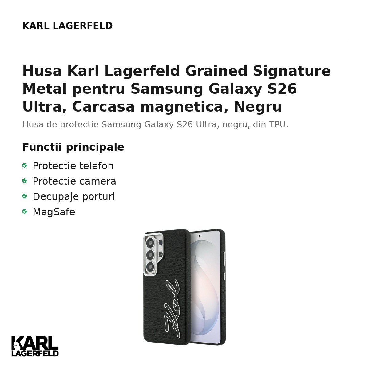 Husa Karl Lagerfeld Grained Signature Metal pentru Samsung Galaxy S26 Ultra, Carcasa magnetica, Negru [2]