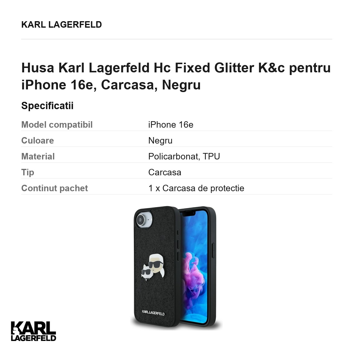 Husa Karl Lagerfeld Hc Fixed Glitter K&c pentru iPhone 16e, Carcasa, Negru [3]