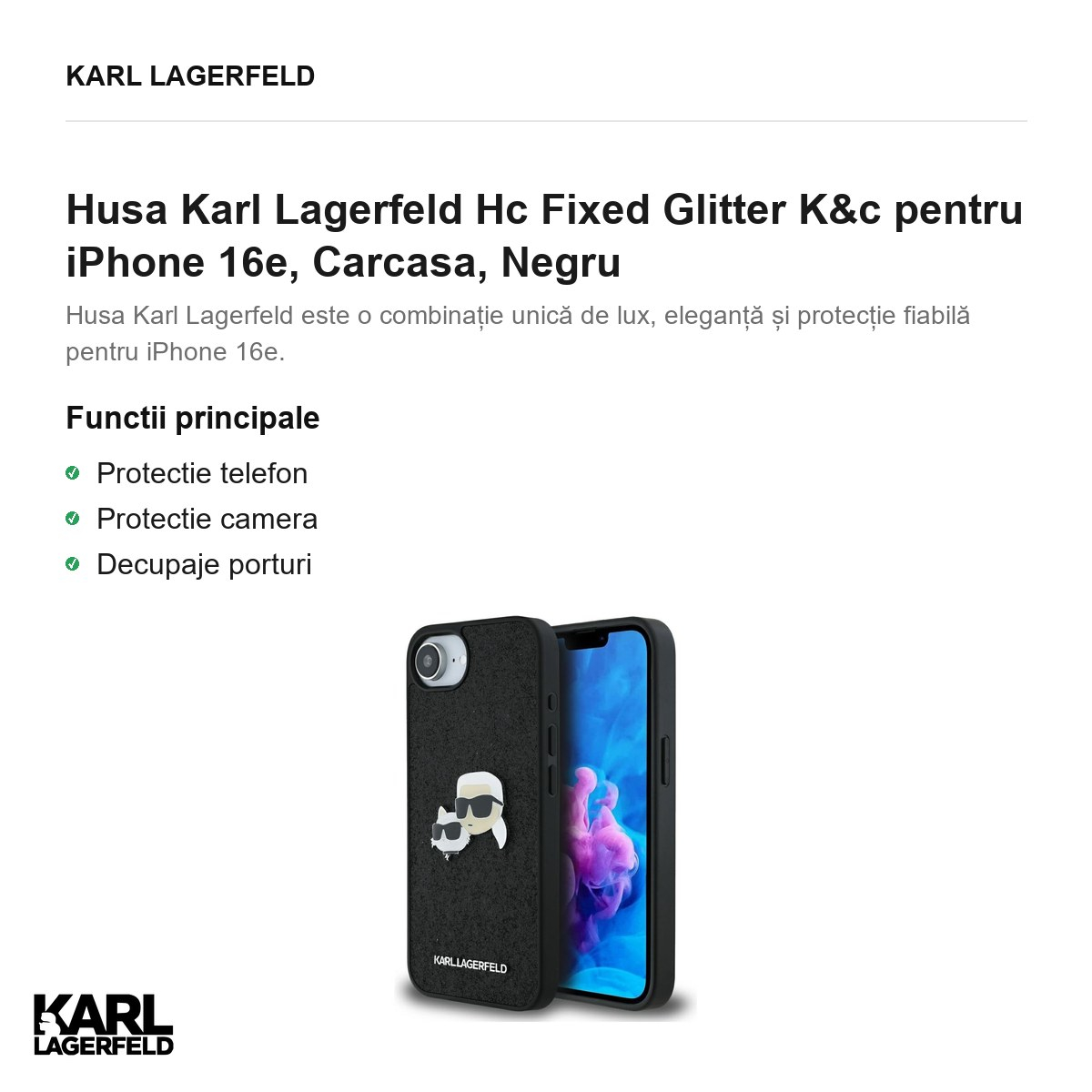 Husa Karl Lagerfeld Hc Fixed Glitter K&c pentru iPhone 16e, Carcasa, Negru [2]