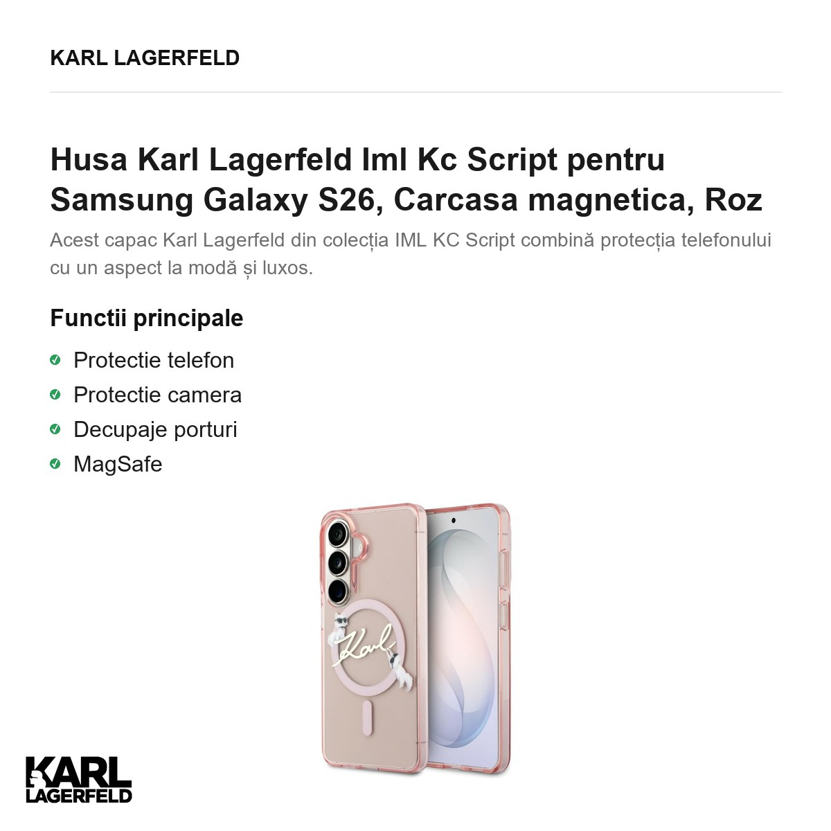 Husa Karl Lagerfeld Iml Kc Script pentru Samsung Galaxy S26, Carcasa magnetica, Roz [2]