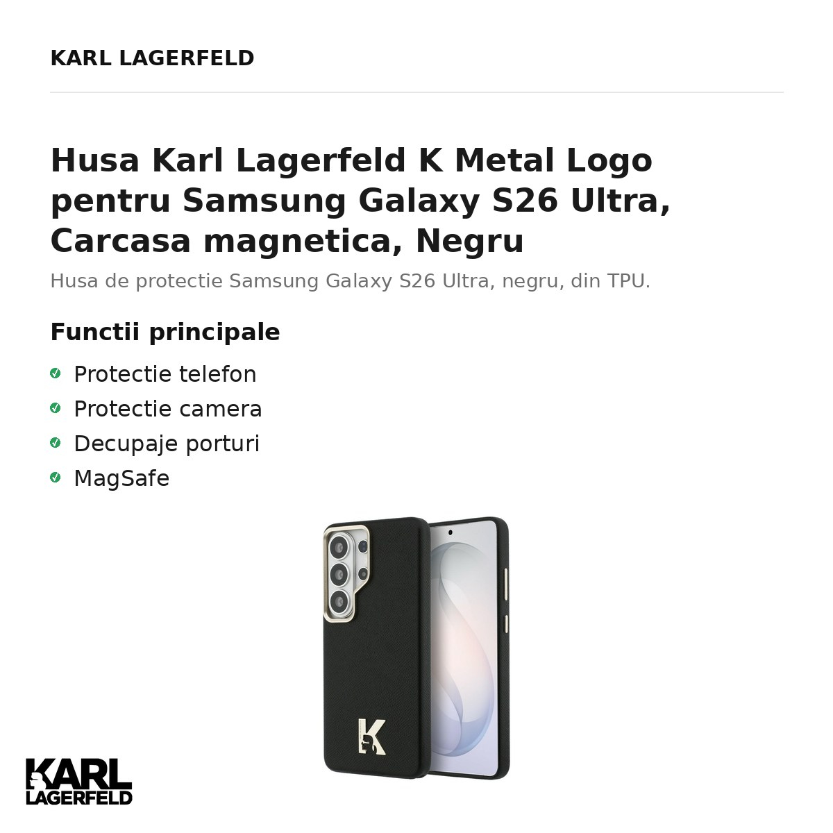 Husa Karl Lagerfeld K Metal Logo pentru Samsung Galaxy S26 Ultra, Carcasa magnetica, Negru [2]
