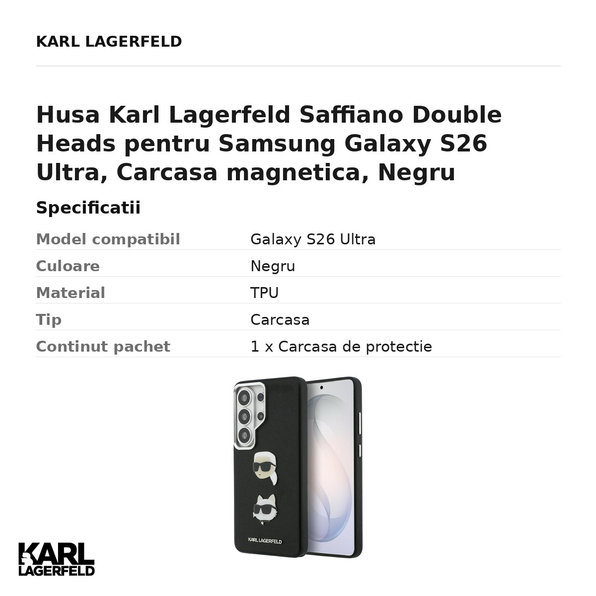 Husa Karl Lagerfeld Saffiano Double Heads pentru Samsung Galaxy S26 Ultra, Carcasa magnetica, Negru [3]