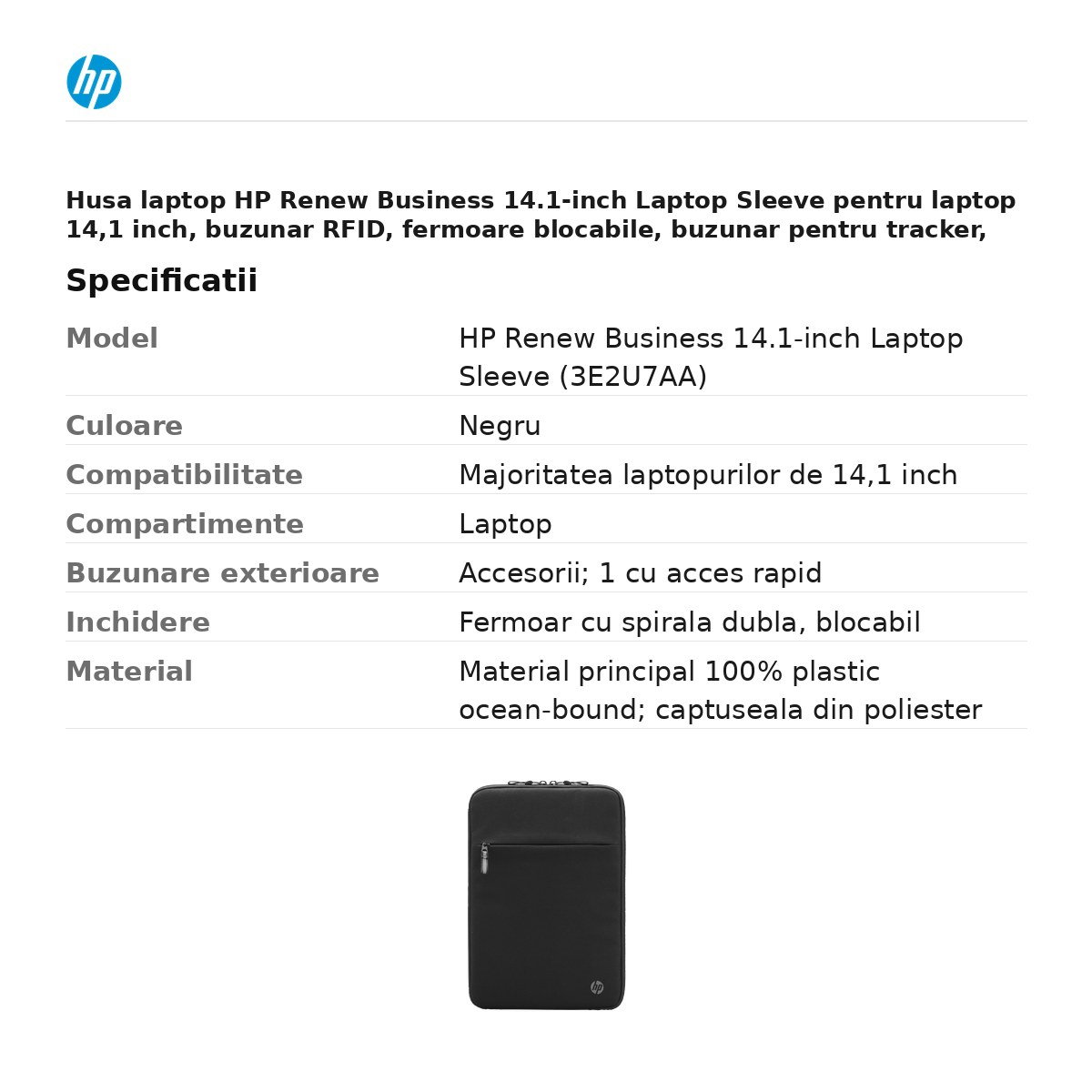 Husa laptop HP Renew Business 14.1-inch Laptop Sleeve pentru laptop 14,1 inch, buzunar RFID, fermoare blocabile, buzunar pentru tracker, 100% plastic ocean-bound, negru, 3E2U7AA [3]