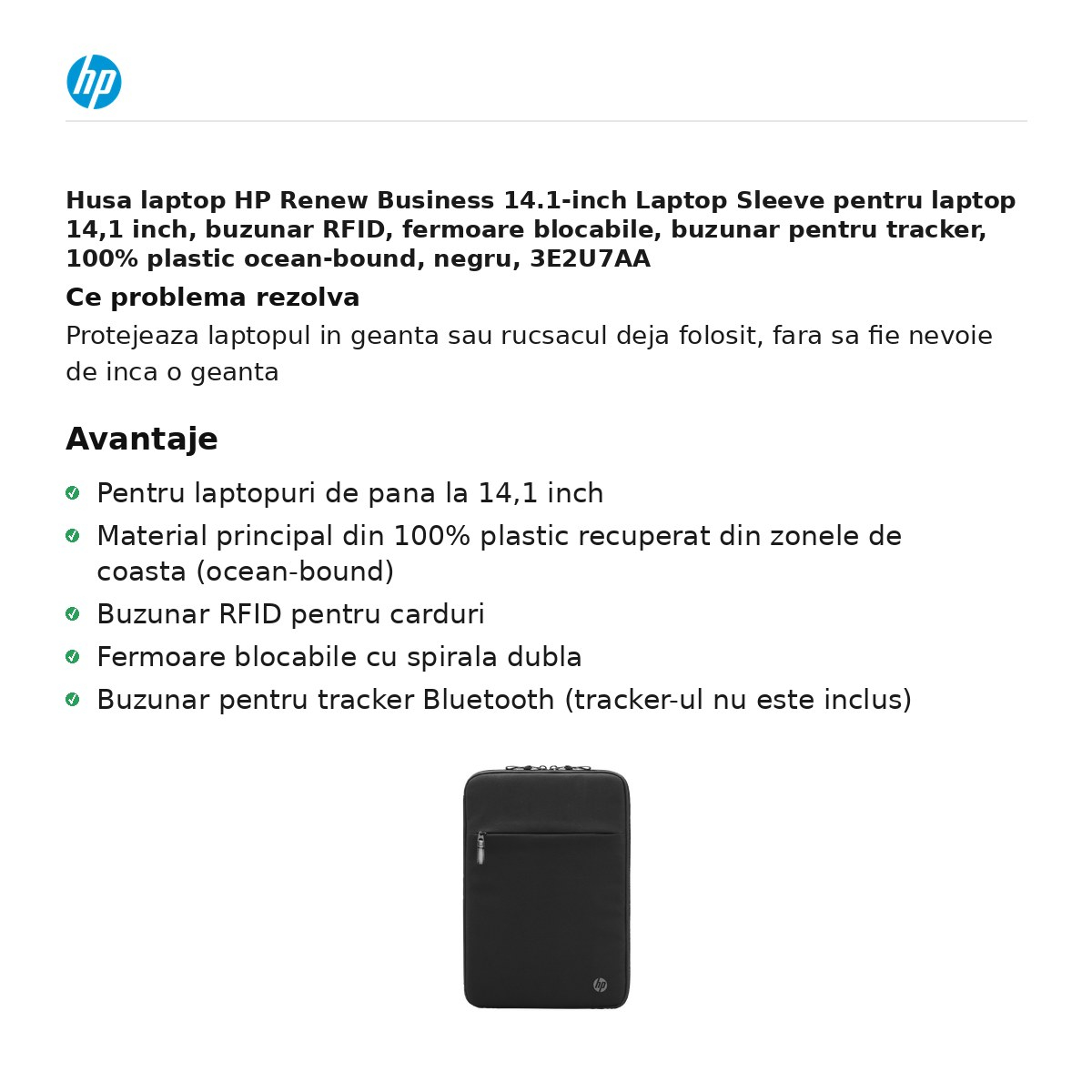Husa laptop HP Renew Business 14.1-inch Laptop Sleeve pentru laptop 14,1 inch, buzunar RFID, fermoare blocabile, buzunar pentru tracker, 100% plastic ocean-bound, negru, 3E2U7AA [2]