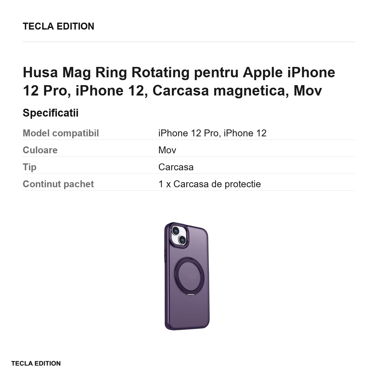 Husa Mag Ring Rotating pentru Apple iPhone 12 Pro, iPhone 12, Carcasa magnetica, Mov [3]
