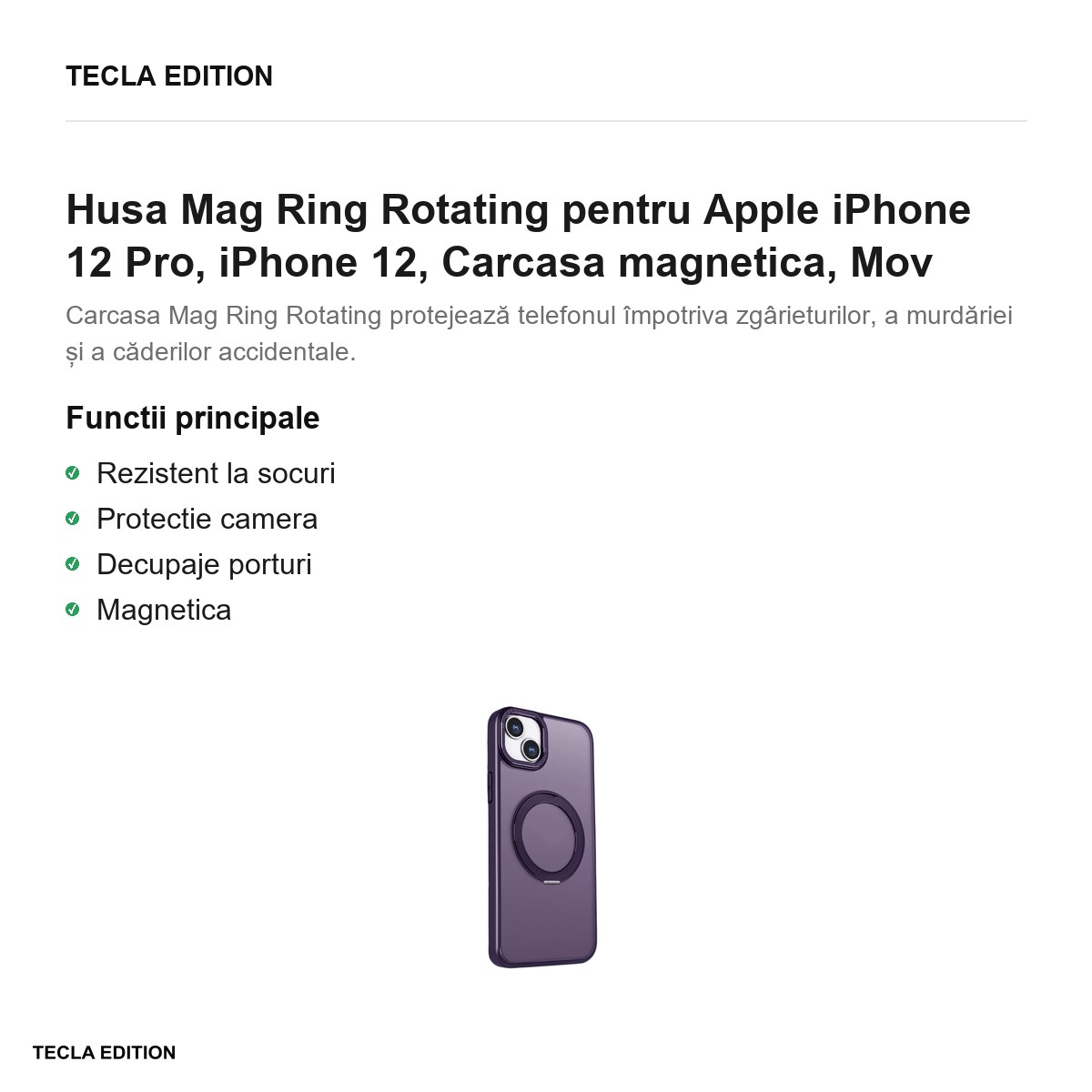 Husa Mag Ring Rotating pentru Apple iPhone 12 Pro, iPhone 12, Carcasa magnetica, Mov [2]