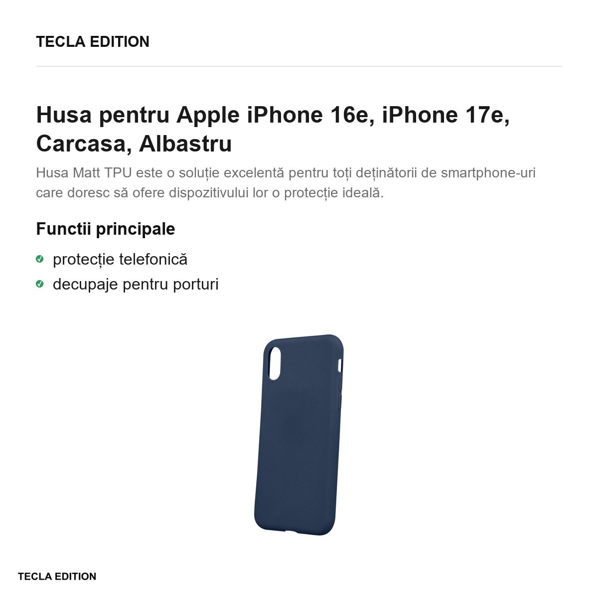Husa Matt TPU pentru Apple iPhone 16e, iPhone 17e, Carcasa, Albastru [2]