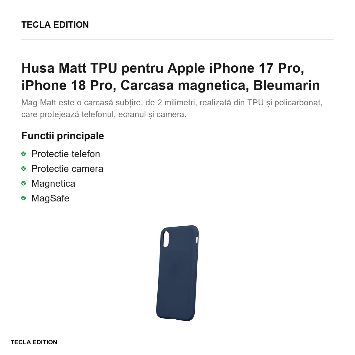 Husa Matt TPU pentru Apple iPhone 17 Pro, iPhone 18 Pro, Carcasa magnetica, Bleumarin [2]
