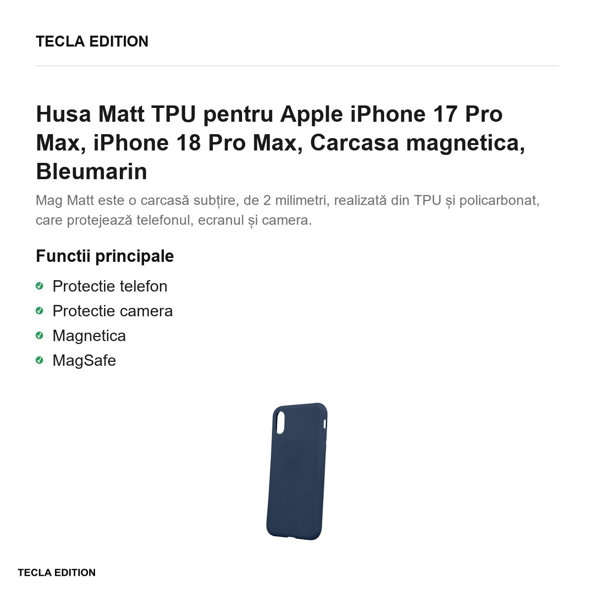 Husa Matt TPU pentru Apple iPhone 17 Pro Max, iPhone 18 Pro Max, Carcasa magnetica, Bleumarin [2]