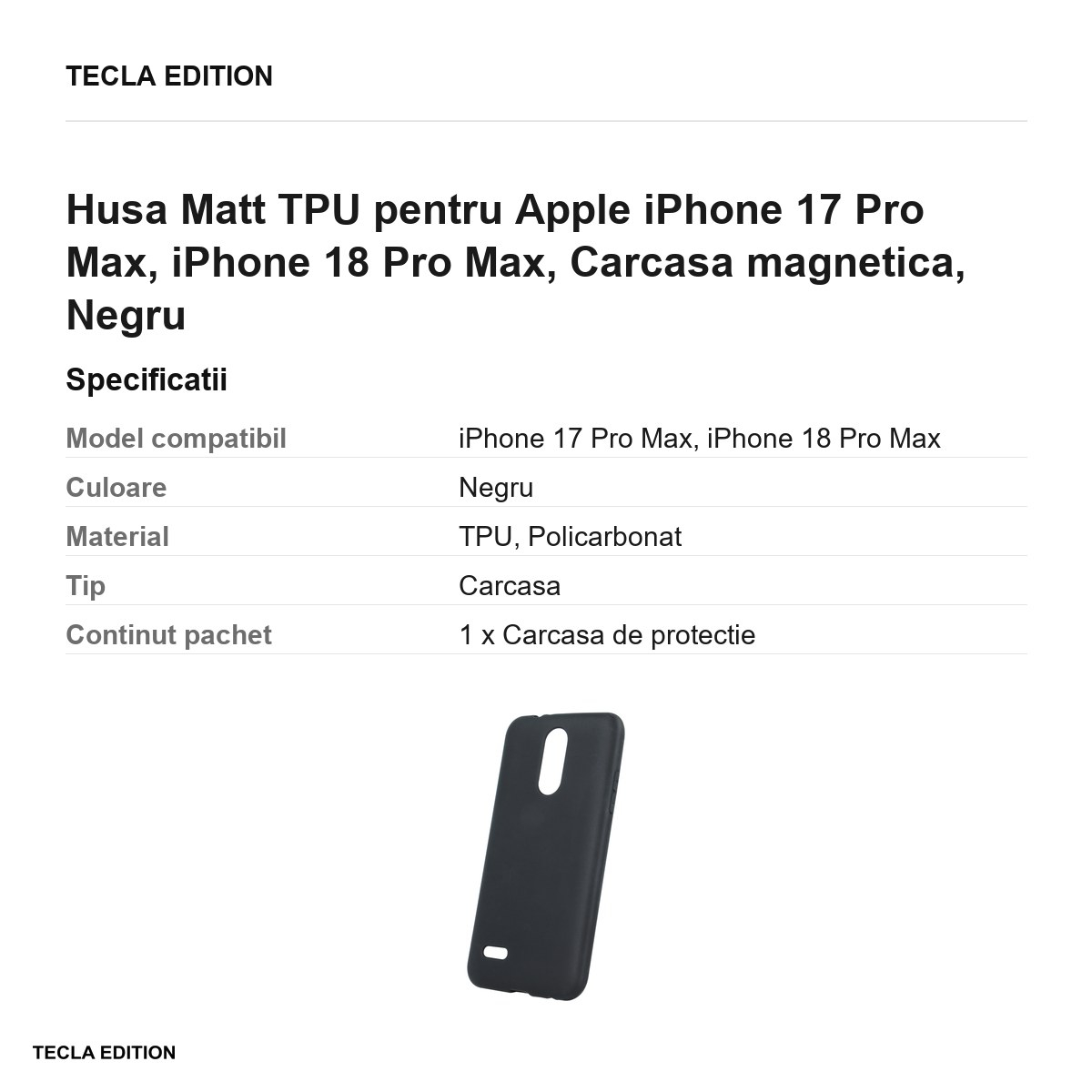 Husa Matt TPU pentru Apple iPhone 17 Pro Max, iPhone 18 Pro Max, Carcasa magnetica, Negru [3]