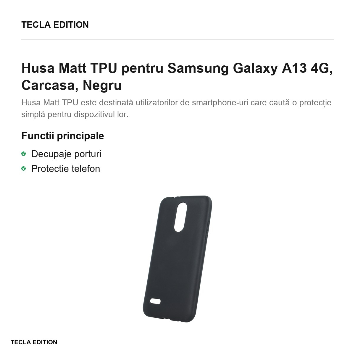 Husa Matt TPU pentru Samsung Galaxy A13 4G, Carcasa, Negru [2]