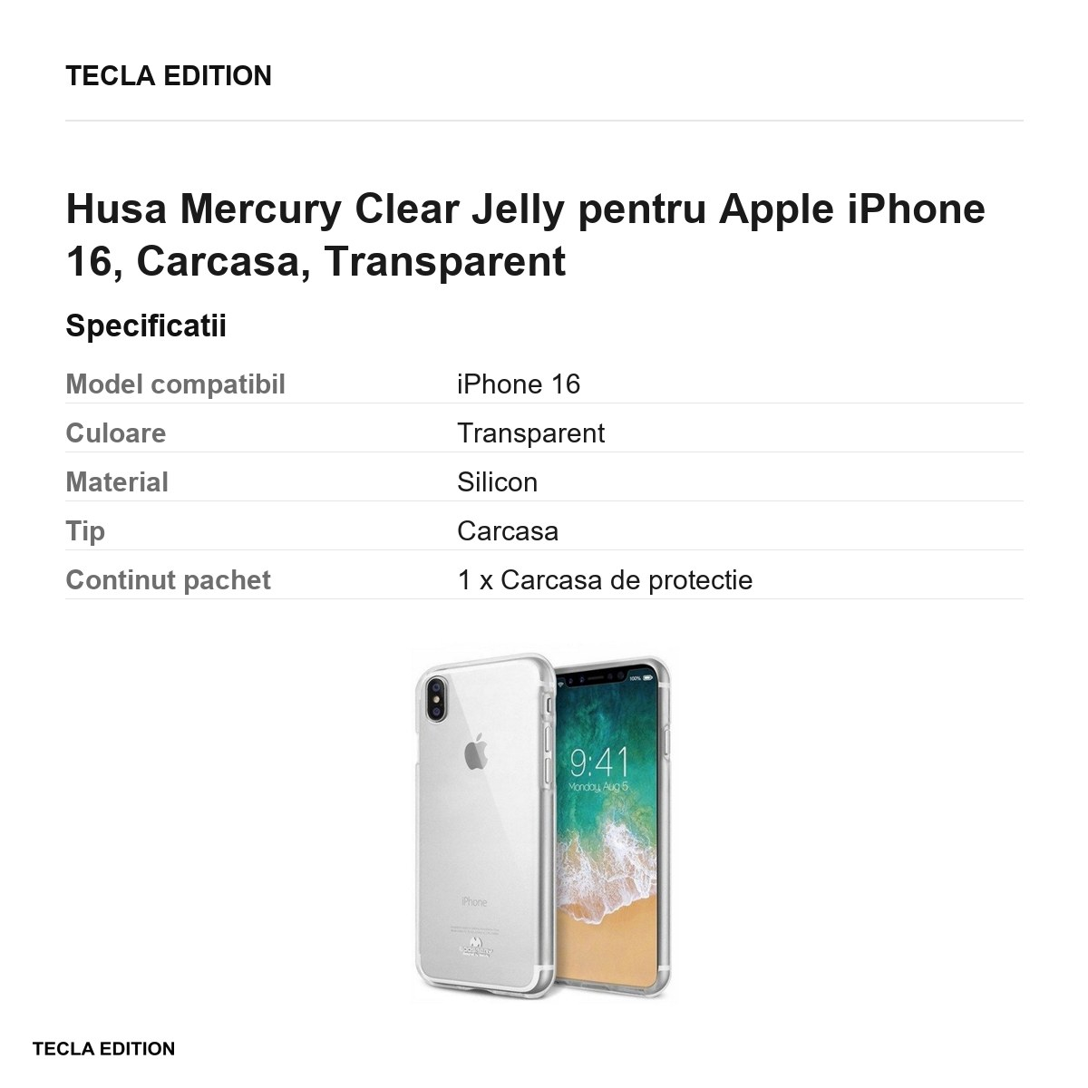 Husa Mercury Clear Jelly pentru Apple iPhone 16, Carcasa, Transparent [3]