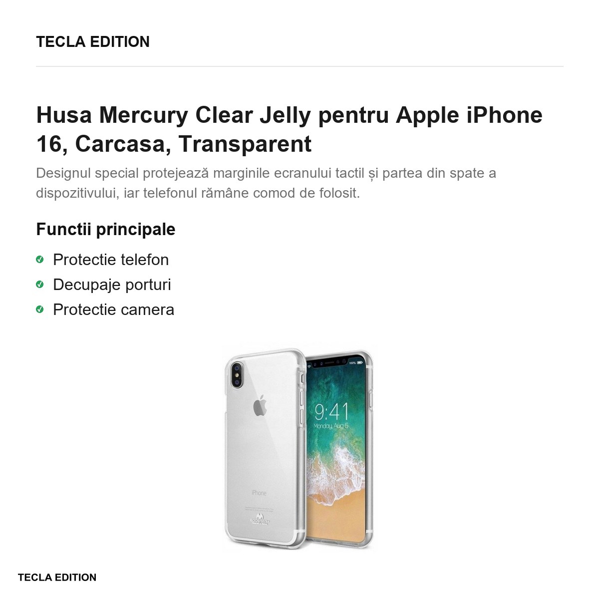 Husa Mercury Clear Jelly pentru Apple iPhone 16, Carcasa, Transparent [2]