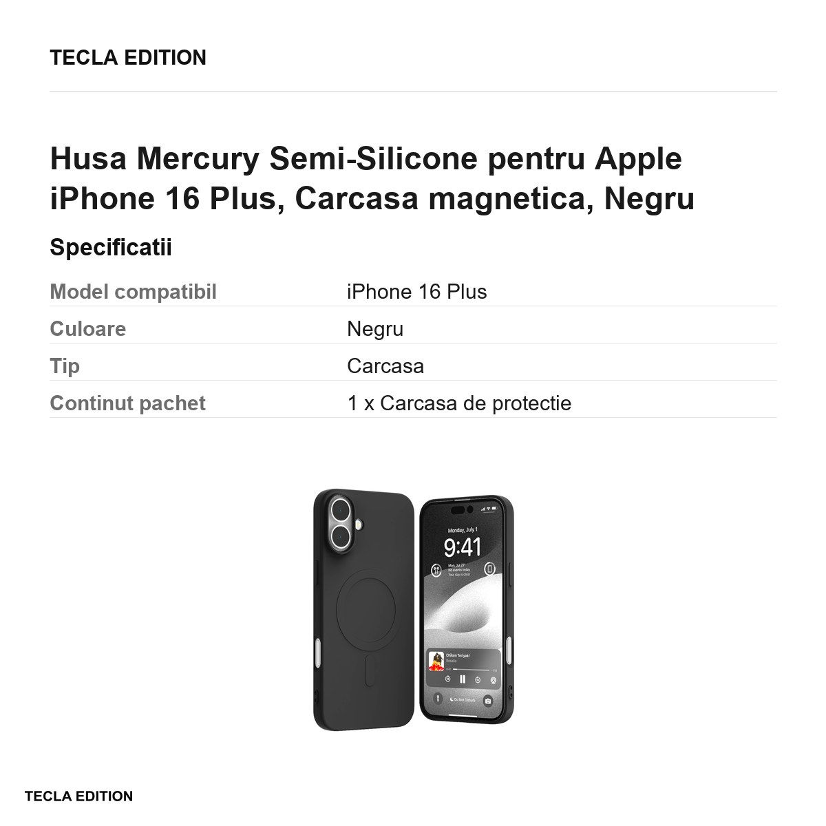Husa Mercury Semi-Silicone pentru Apple iPhone 16 Plus, Carcasa magnetica, Negru [3]