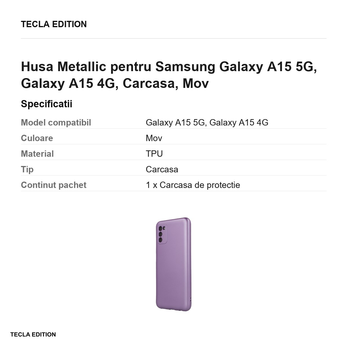 Husa Metallic pentru Samsung Galaxy A15 5G, Galaxy A15 4G, Carcasa, Mov [3]
