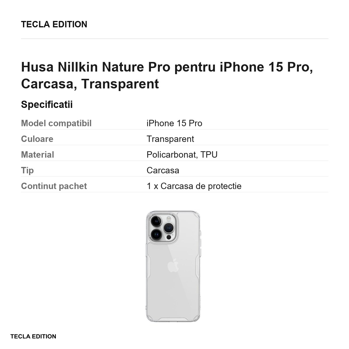 Husa Nillkin Nature Pro pentru iPhone 15 Pro, Carcasa, Transparent [3]