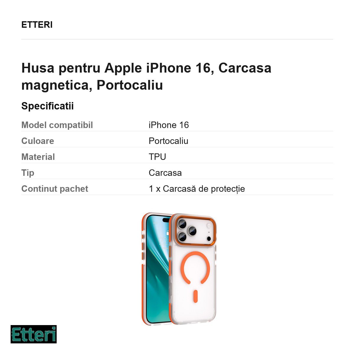 Husa pentru Apple iPhone 16, Carcasa magnetica, Portocaliu [3]