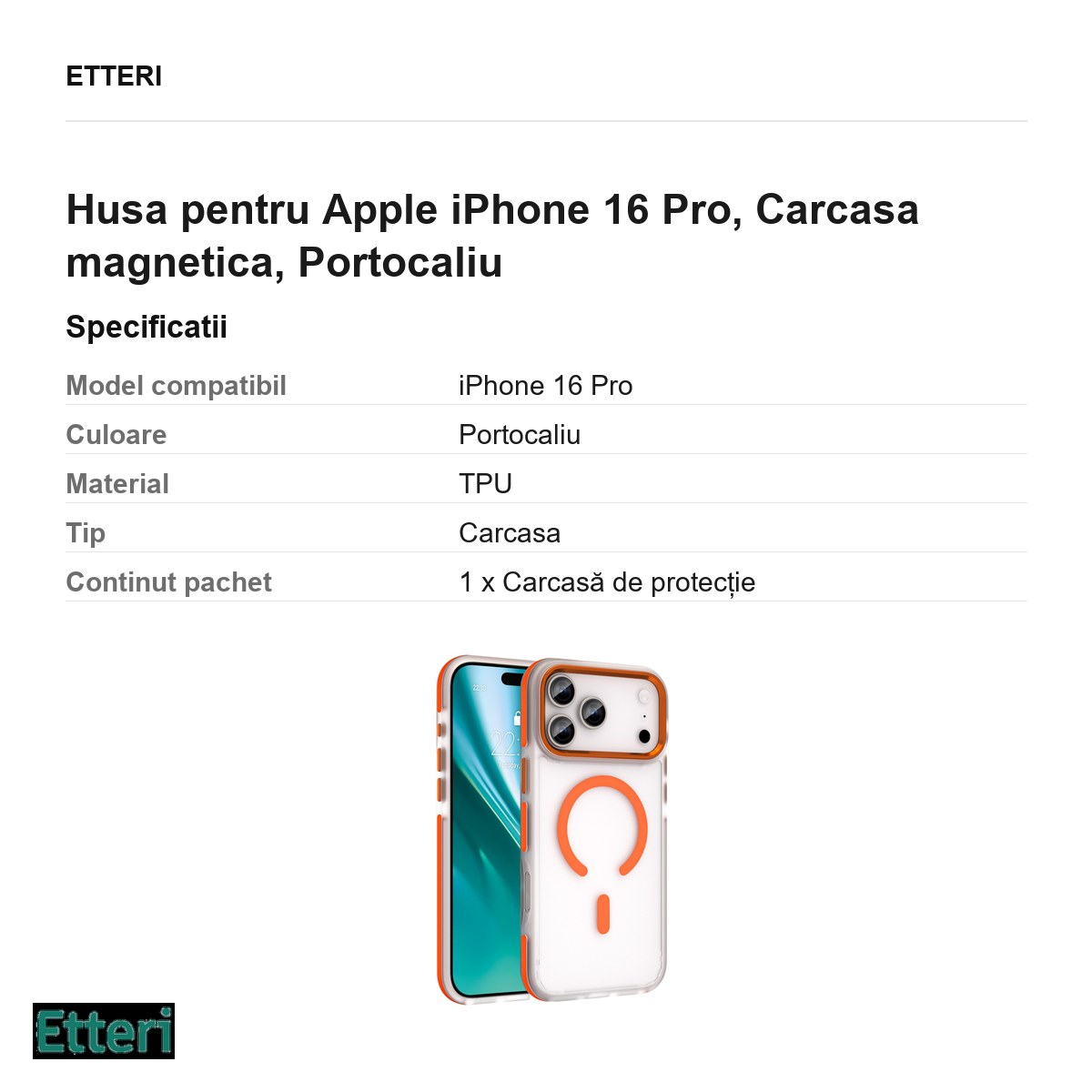 Husa pentru Apple iPhone 16 Pro, Carcasa magnetica, Portocaliu [3]