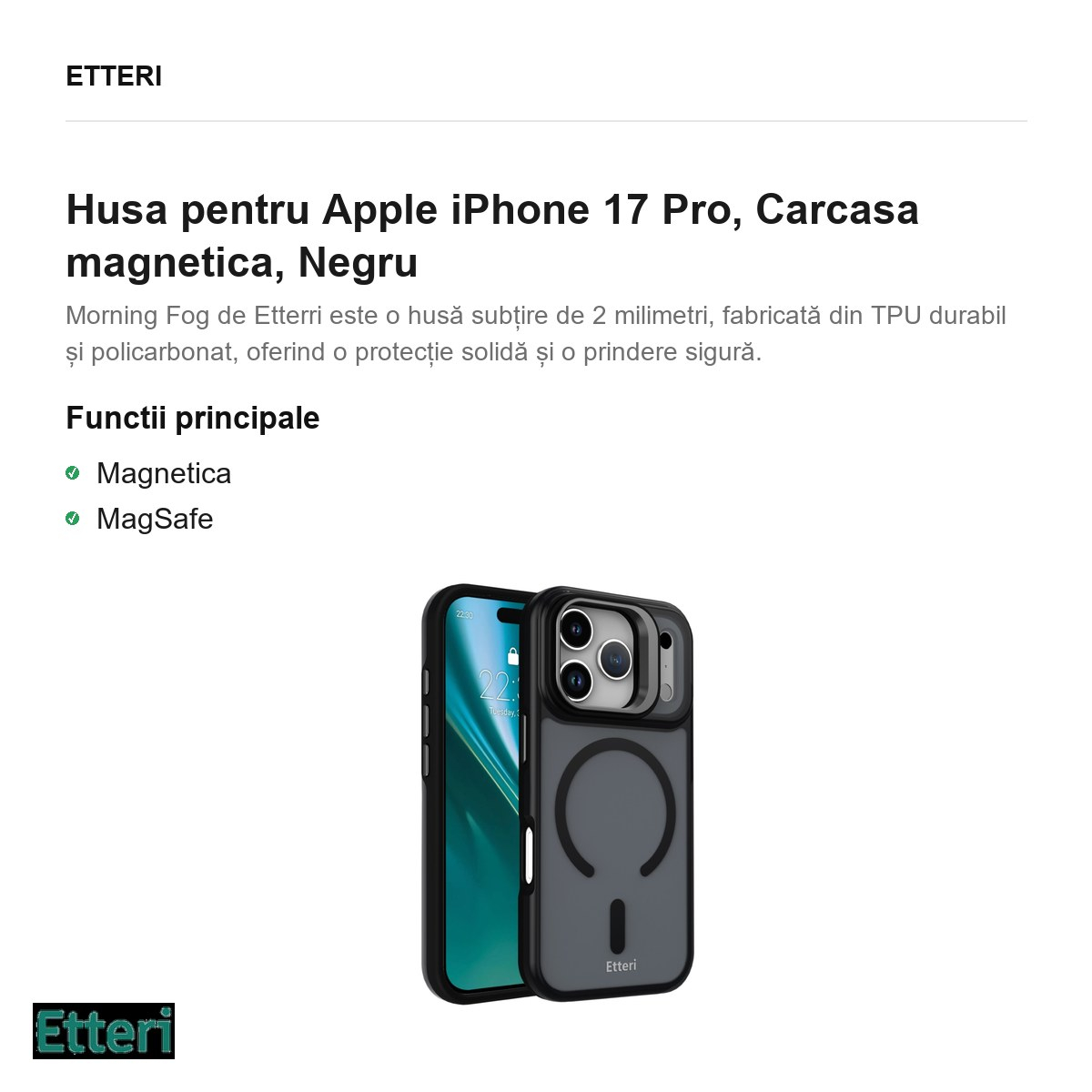 Husa pentru Apple iPhone 17 Pro, Carcasa magnetica, Negru [2]