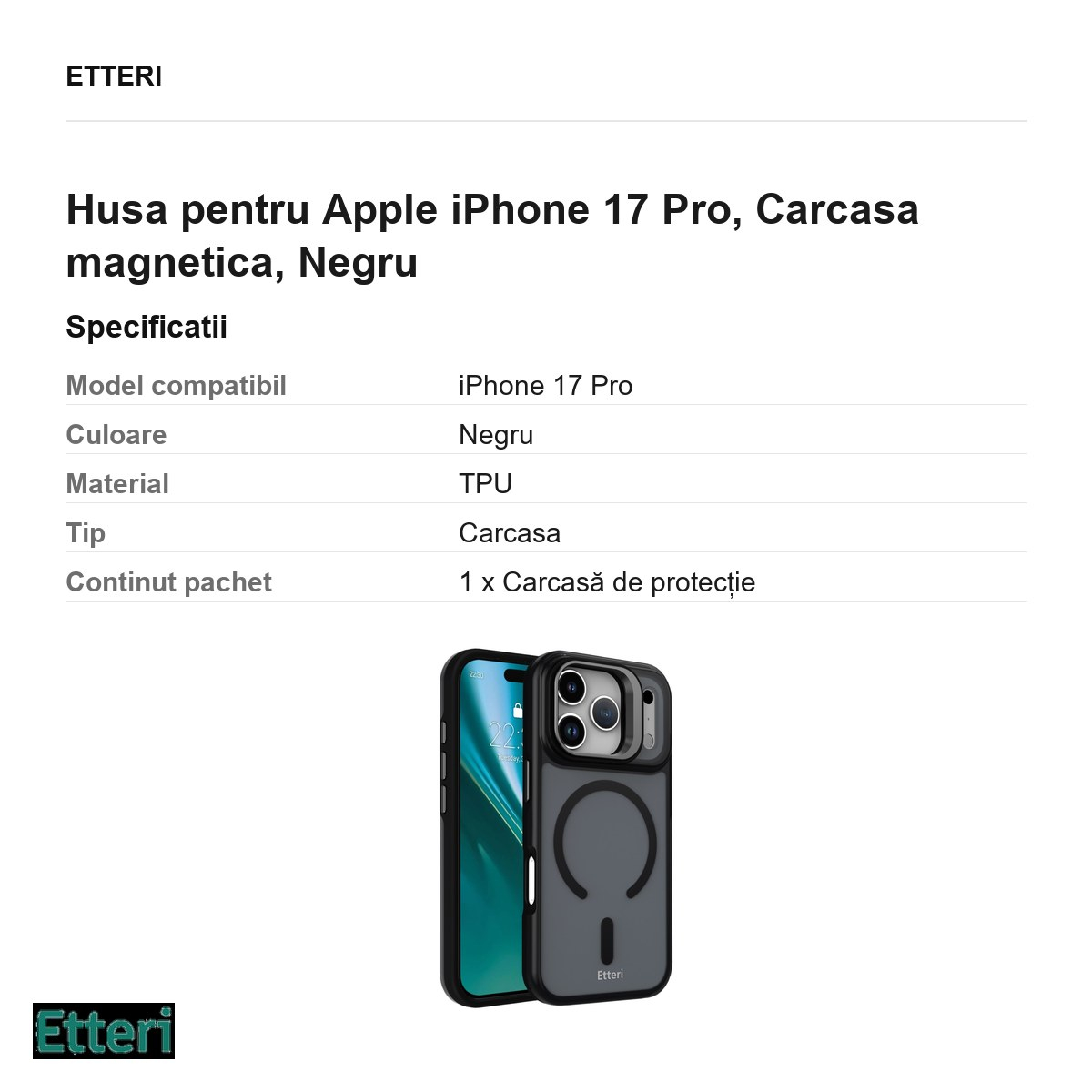 Husa pentru Apple iPhone 17 Pro, Carcasa magnetica, Negru [3]
