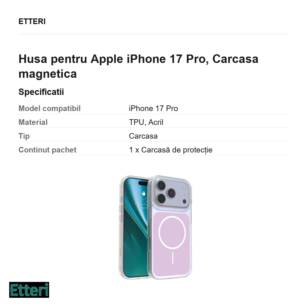 Husa pentru Apple iPhone 17 Pro, Carcasa magnetica, Roz [5]