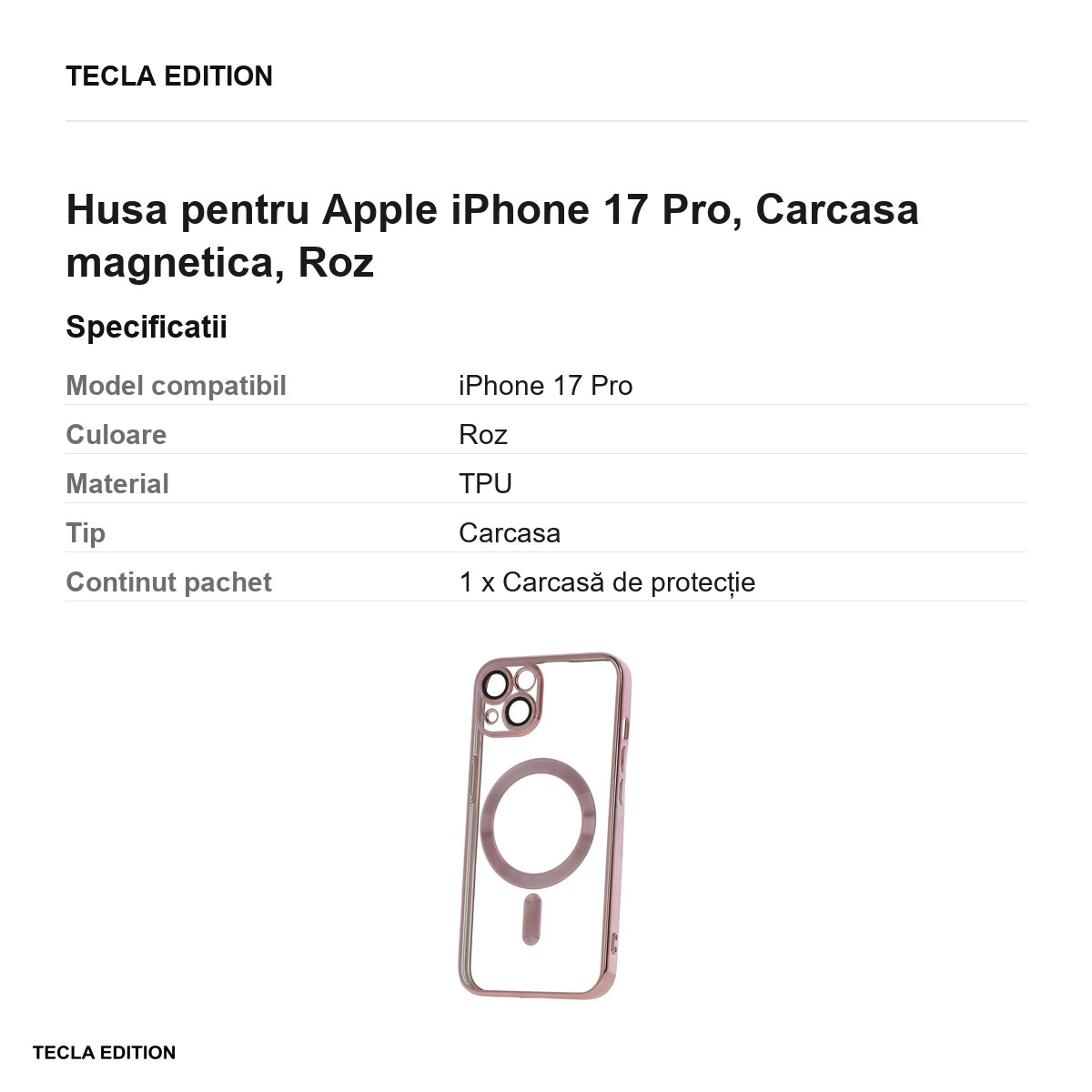 Husa pentru Apple iPhone 17 Pro, Carcasa magnetica, Roz [3]