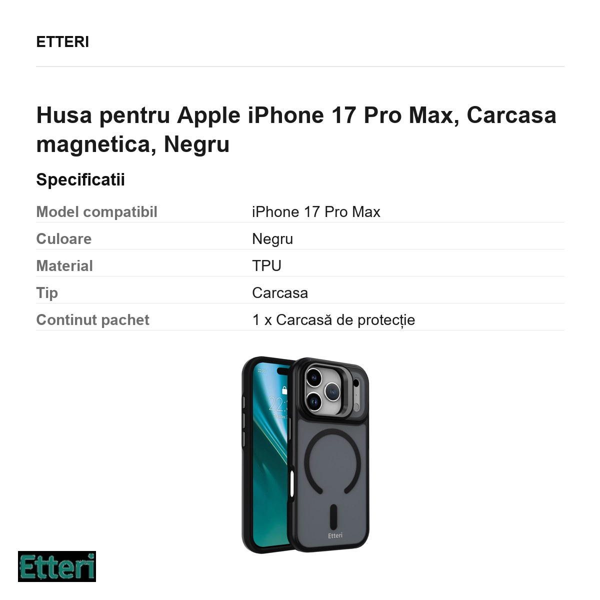 Husa pentru Apple iPhone 17 Pro Max, Carcasa magnetica, Negru [3]