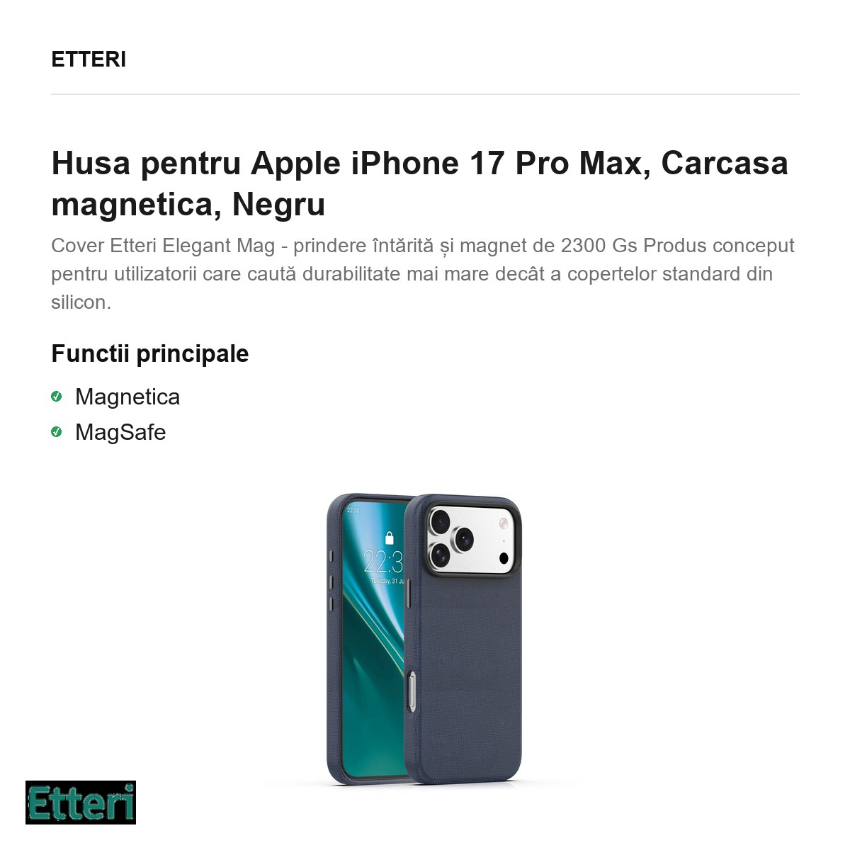 Husa pentru Apple iPhone 17 Pro Max, Carcasa magnetica, Negru [3]
