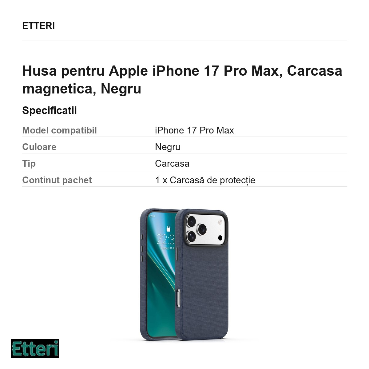 Husa pentru Apple iPhone 17 Pro Max, Carcasa magnetica, Negru [5]