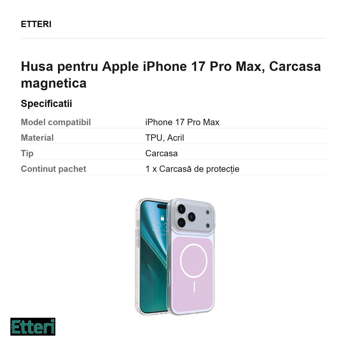 Husa pentru Apple iPhone 17 Pro Max, Carcasa magnetica, Roz [5]