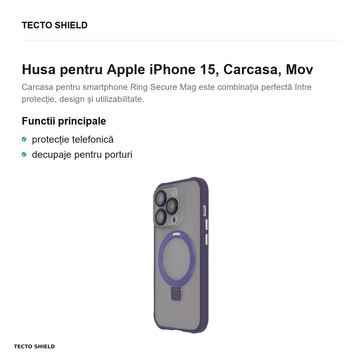 Husa Ring Secure Mag pentru Apple iPhone 15, Carcasa, Mov [2]