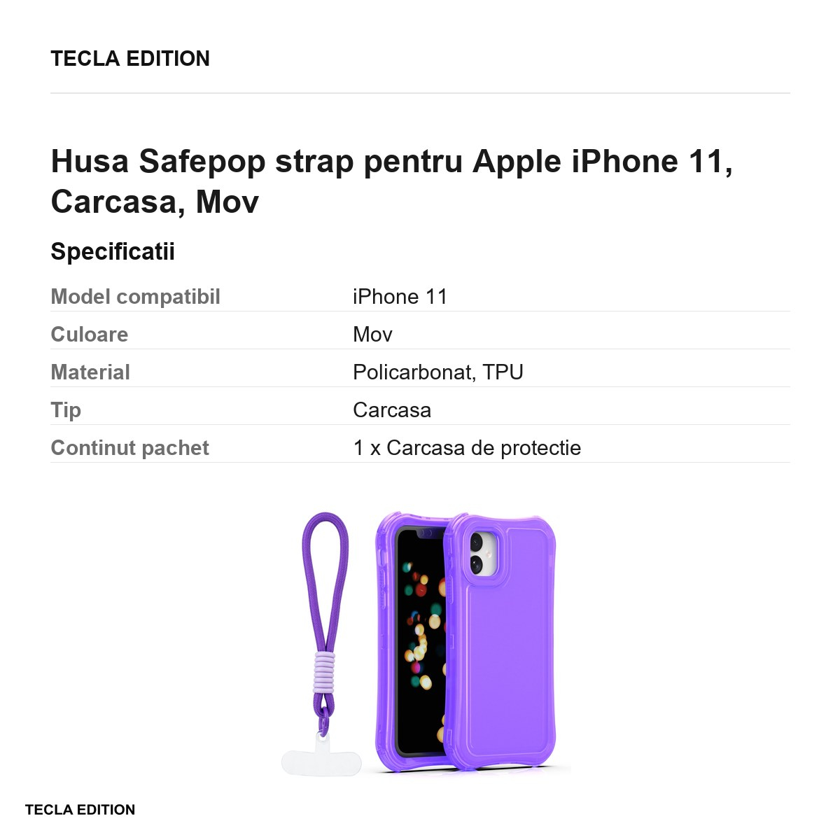 Husa Safepop strap pentru Apple iPhone 11, Carcasa, Mov [3]
