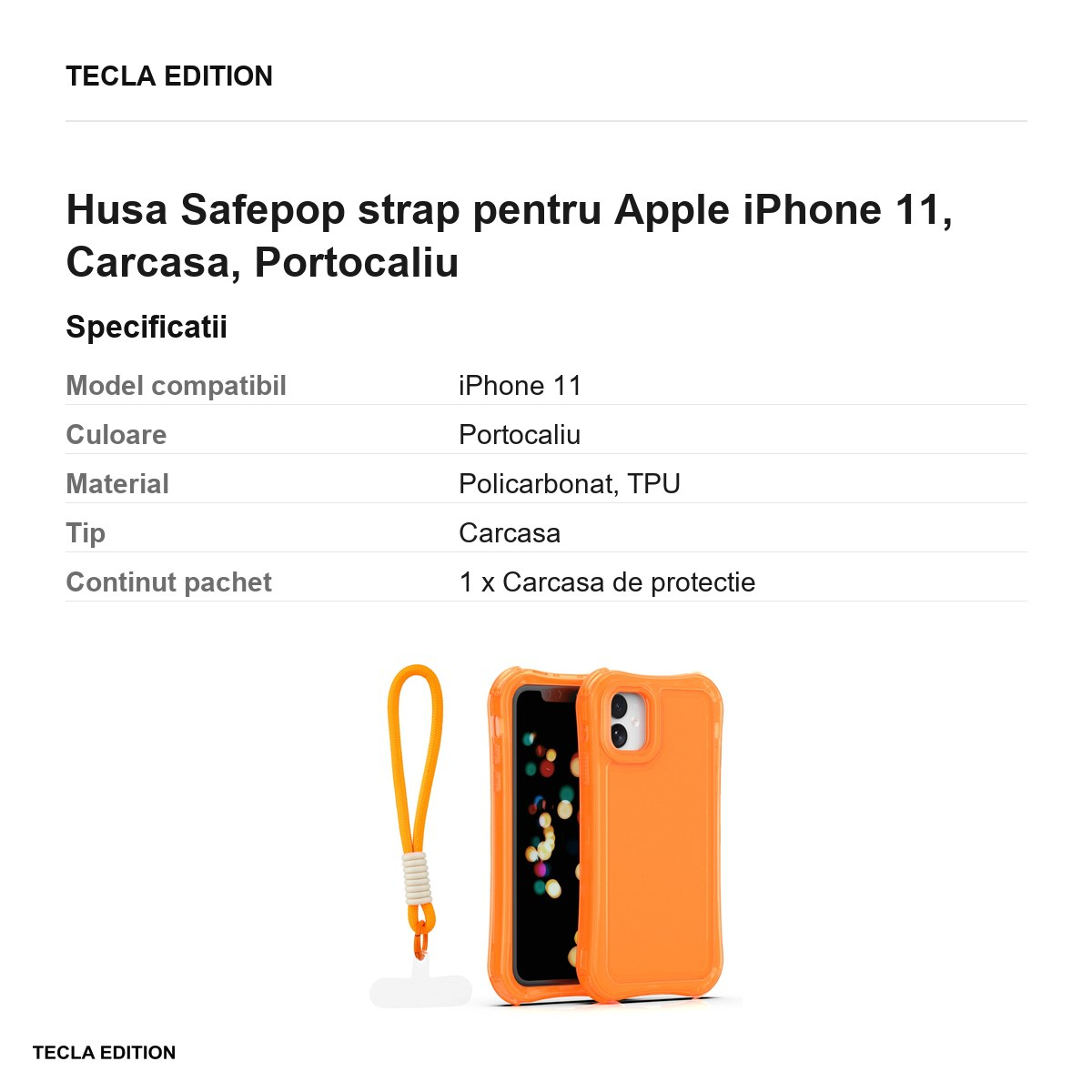 Husa Safepop strap pentru Apple iPhone 11, Carcasa, Portocaliu [3]
