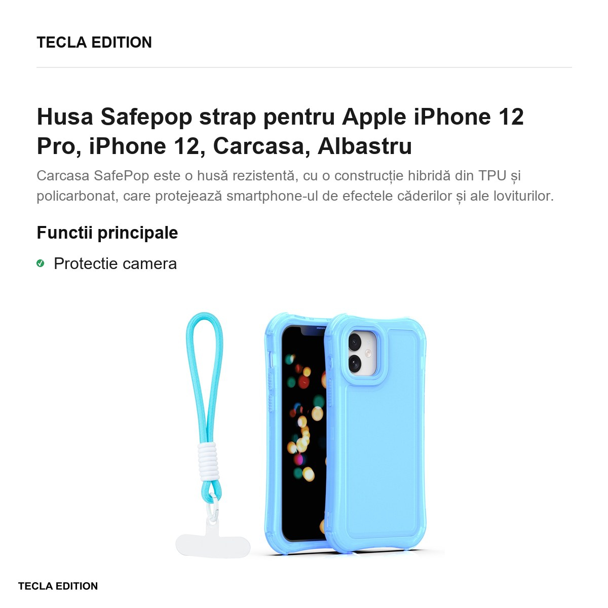 Husa Safepop strap pentru Apple iPhone 12 Pro, iPhone 12, Carcasa, Albastru [2]