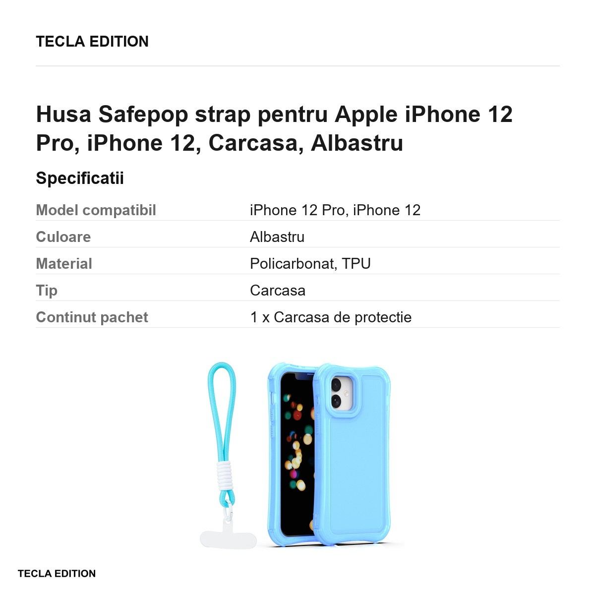 Husa Safepop strap pentru Apple iPhone 12 Pro, iPhone 12, Carcasa, Albastru [3]