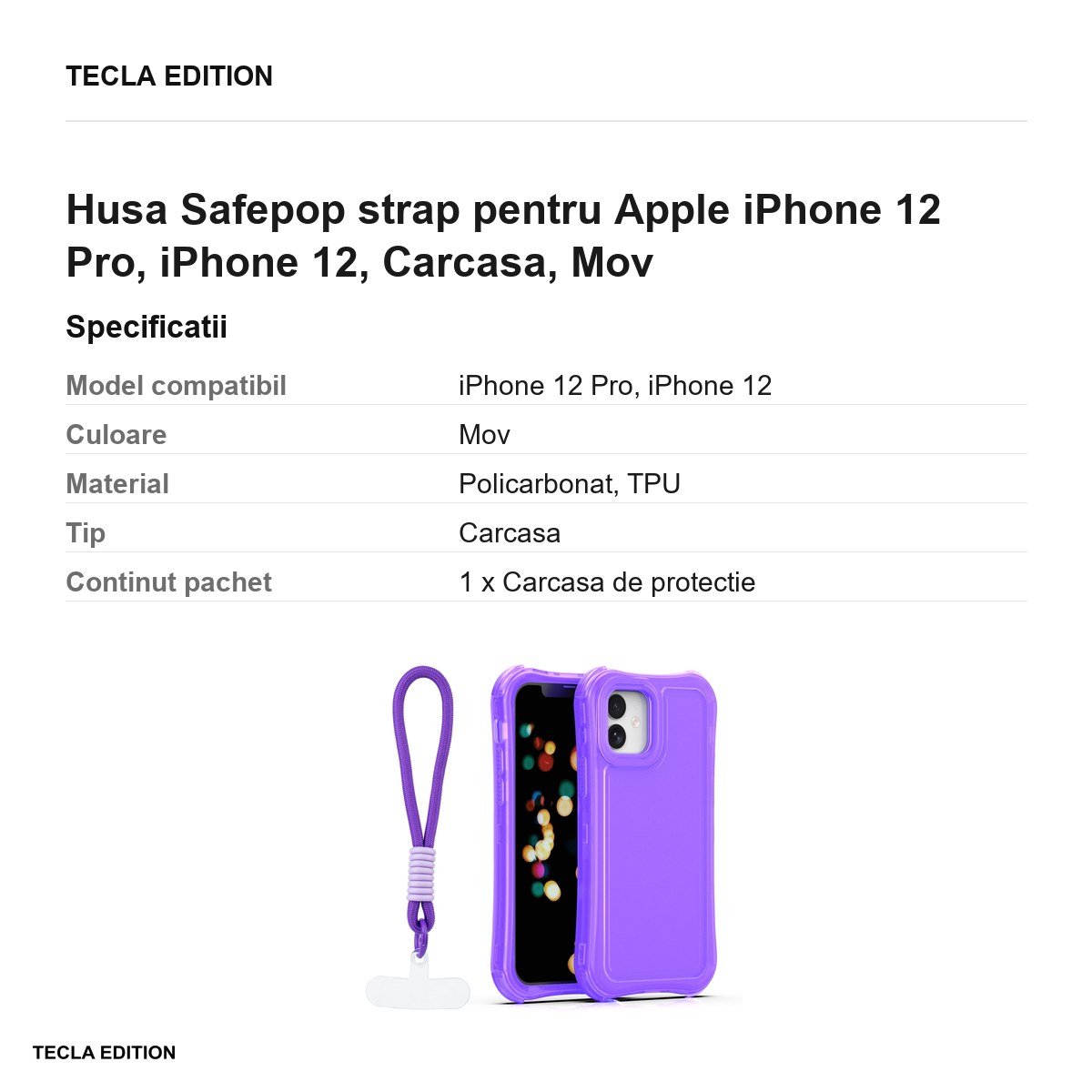 Husa Safepop strap pentru Apple iPhone 12 Pro, iPhone 12, Carcasa, Mov [3]