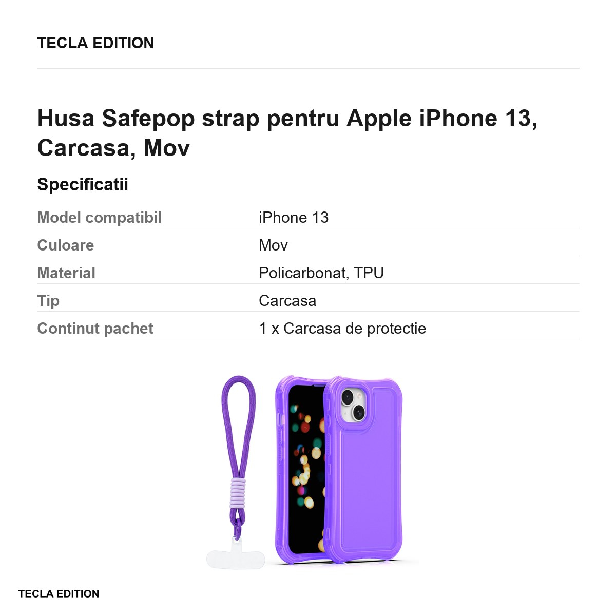 Husa Safepop strap pentru Apple iPhone 13, Carcasa, Mov [3]
