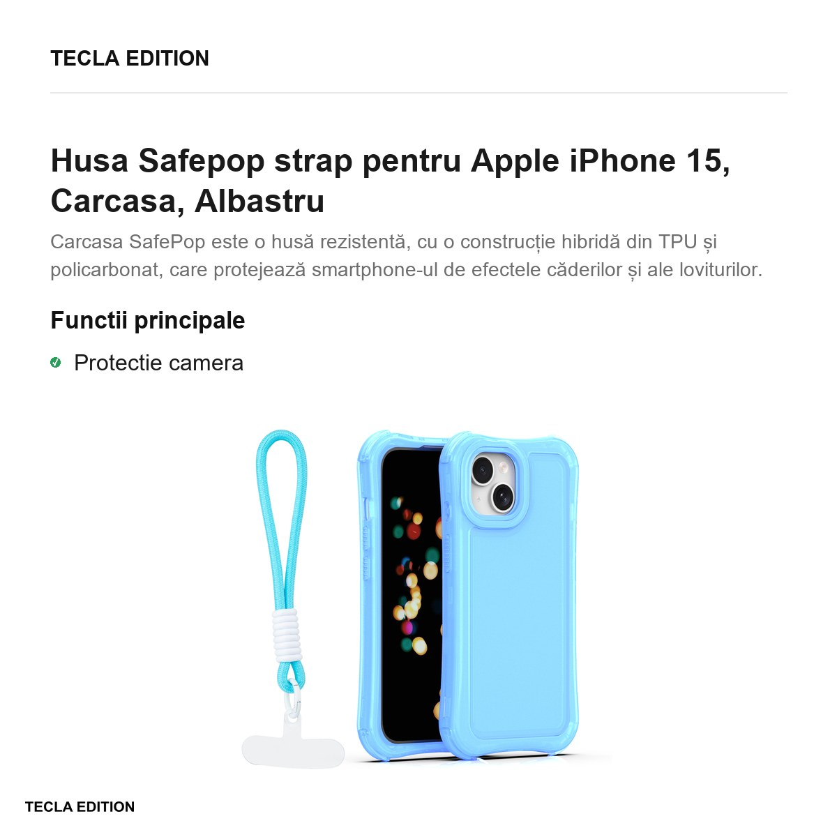 Husa Safepop strap pentru Apple iPhone 15, Carcasa, Albastru [2]