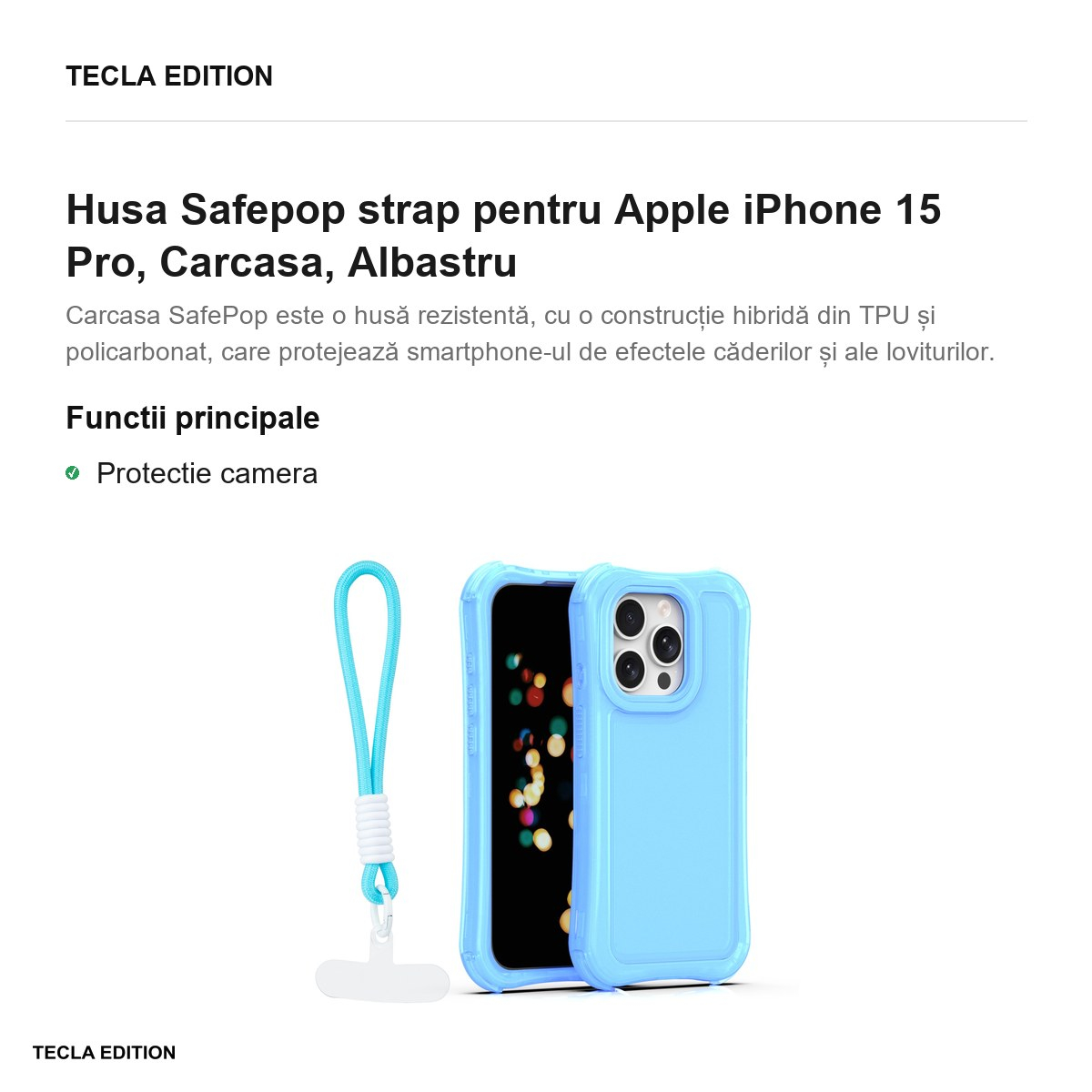 Husa Safepop strap pentru Apple iPhone 15 Pro, Carcasa, Albastru [2]