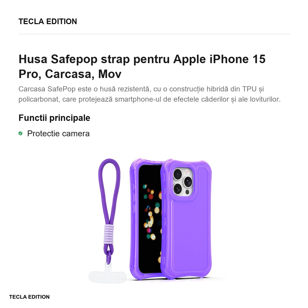 Husa Safepop strap pentru Apple iPhone 15 Pro, Carcasa, Mov [2]