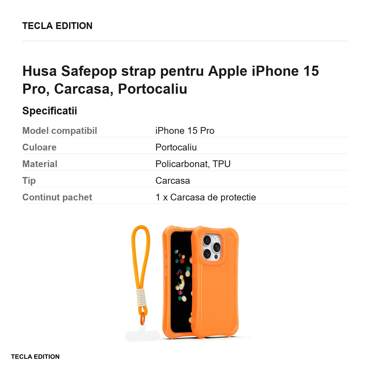 Husa Safepop strap pentru Apple iPhone 15 Pro, Carcasa, Portocaliu [3]