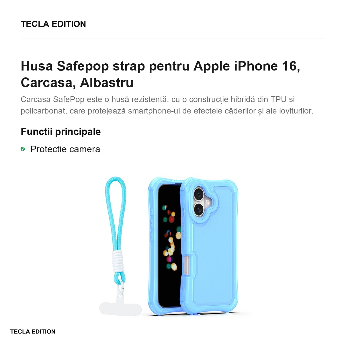 Husa Safepop strap pentru Apple iPhone 16, Carcasa, Albastru [2]