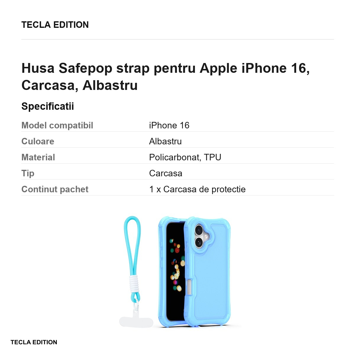 Husa Safepop strap pentru Apple iPhone 16, Carcasa, Albastru [3]