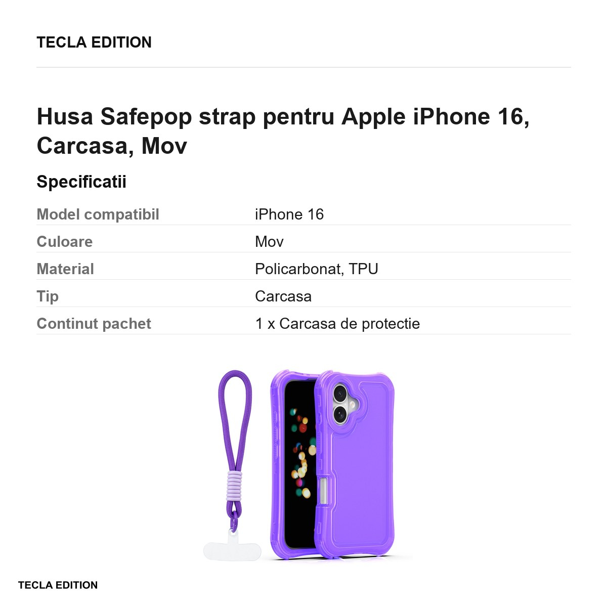 Husa Safepop strap pentru Apple iPhone 16, Carcasa, Mov [3]
