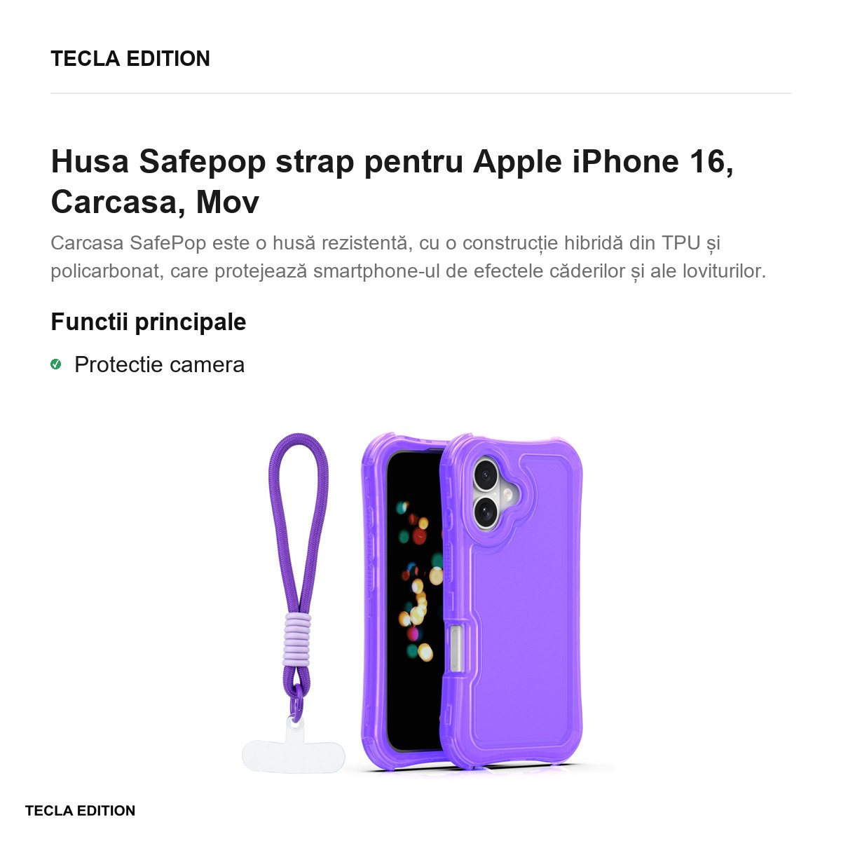 Husa Safepop strap pentru Apple iPhone 16, Carcasa, Mov [2]