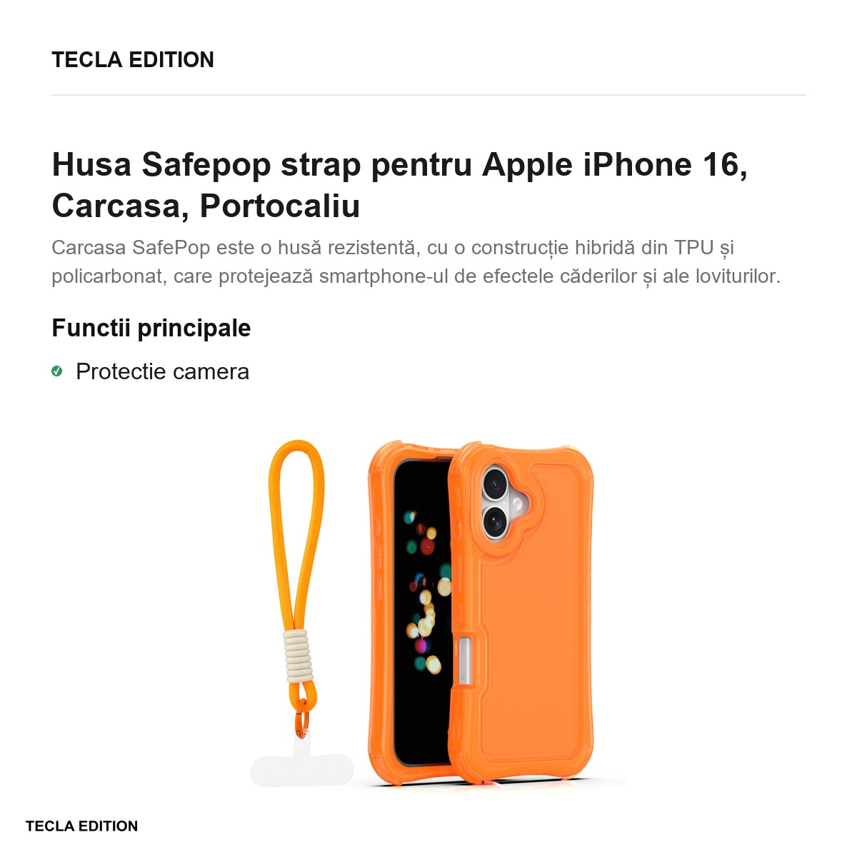 Husa Safepop strap pentru Apple iPhone 16, Carcasa, Portocaliu [2]