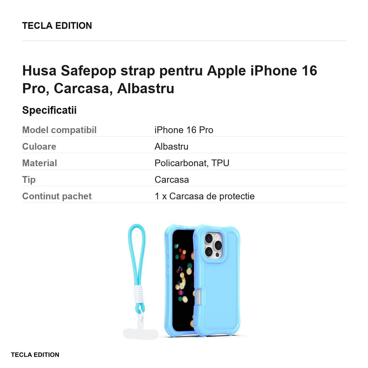 Husa Safepop strap pentru Apple iPhone 16 Pro, Carcasa, Albastru [3]