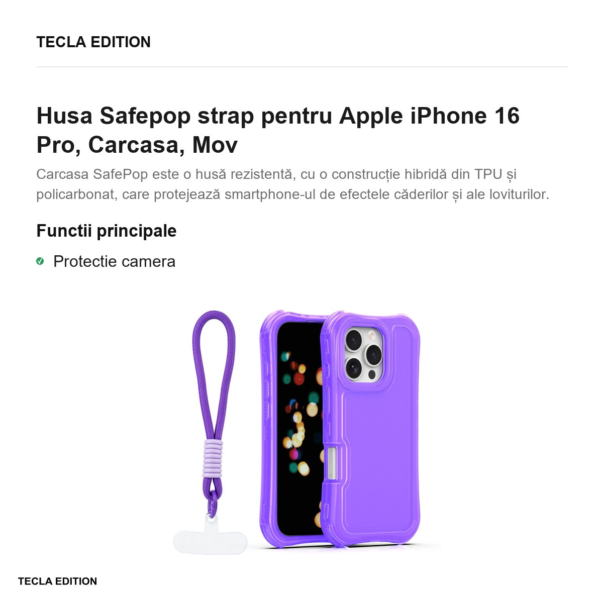 Husa Safepop strap pentru Apple iPhone 16 Pro, Carcasa, Mov [2]