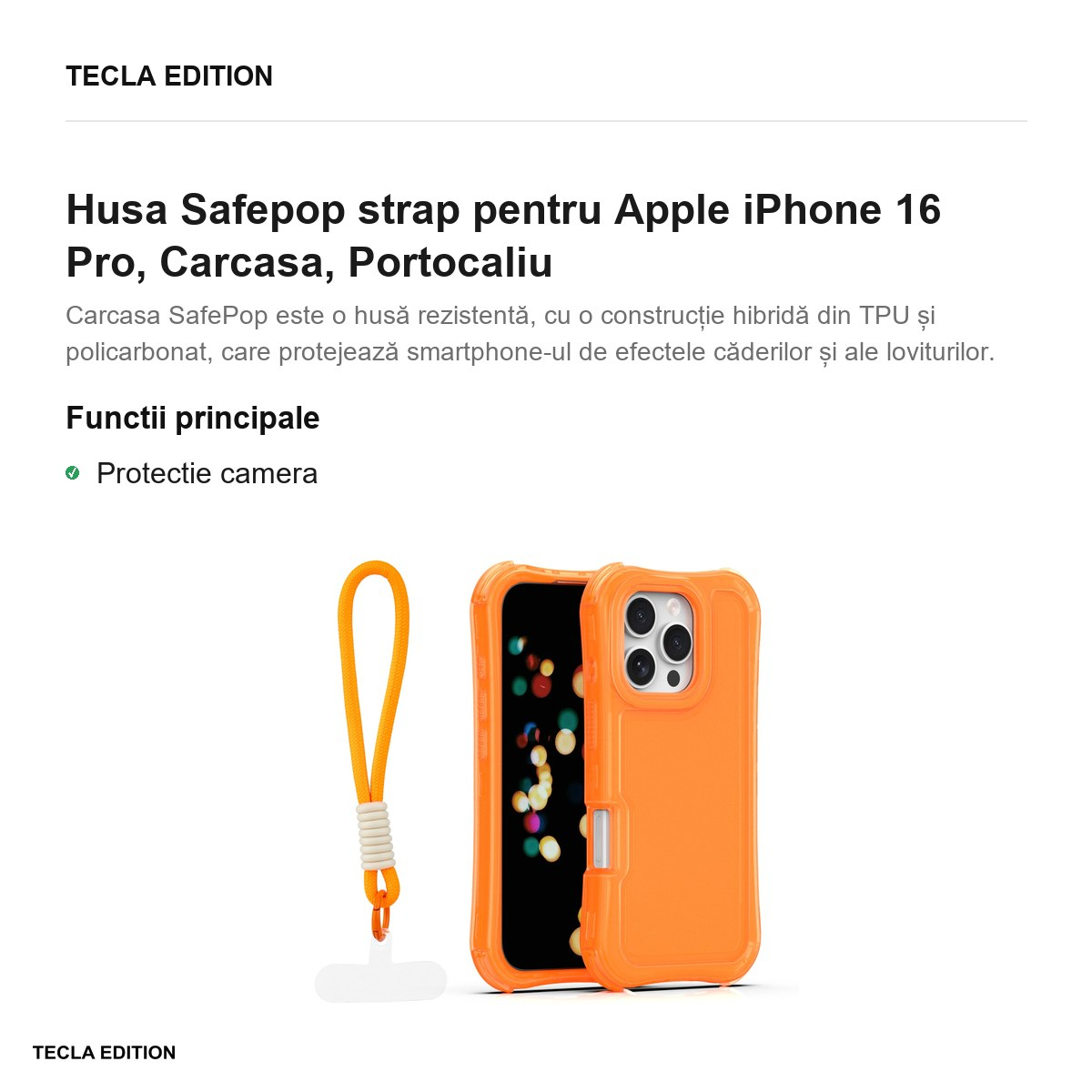 Husa Safepop strap pentru Apple iPhone 16 Pro, Carcasa, Portocaliu [2]